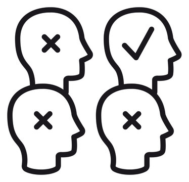 Recruitment and Selection Vector Icon Illustration Featuring Four Human Head Silhouettes with Cross and Checkmark Symbols Representing Talent Acquisition, Hiring Process, and Candidate Filtering