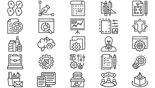 25 Black Vector Icon Set Bundle: Business Analytics, Graphic Design Tools, Engineering Blueprints, Web Development, Creative Brainstorming, Office Supplies, Recruitment, and Technology Symbols.
