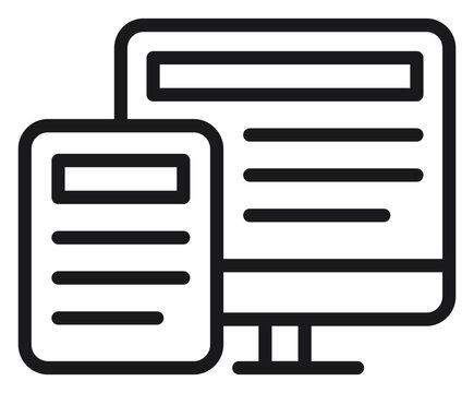Responsive web design vector icon illustration featuring a desktop computer monitor and a tablet device with digital content layout, minimalist black line symbol for technology and development.