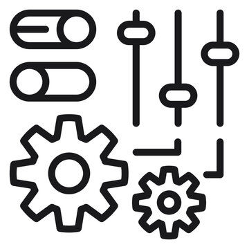 Minimalist black vector icon illustration of system settings and configuration featuring gears, vertical sliders, and toggle switches for control panel, customization, and preferences.