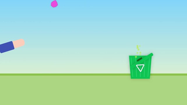 A hand animatedly prepares to throw rubbish into a garbage can.