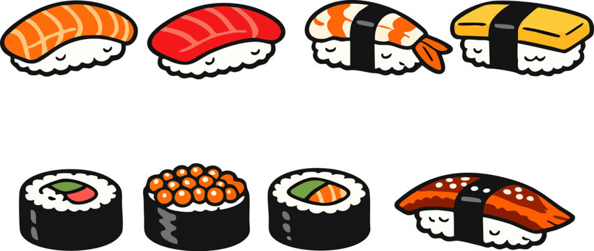 Vector illustration set of various Japanese sushi and rolls