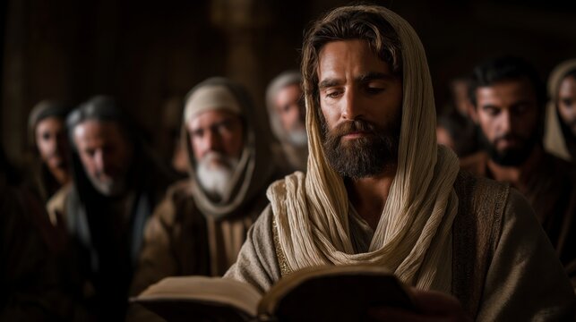 Jesus Christ reads from Isaiah in the synagogue of Nazareth, as listeners watch in awe, revealing fulfillment, authority, and the announcement of God&rsquo;s grace.
