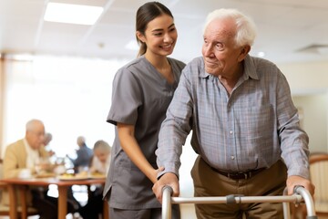 Fototapeta premium Smiling Caregiver Helping Senior Man with Walker in Care Facility