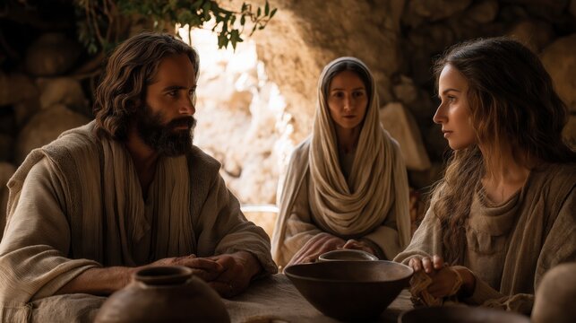 Jesus Christ sits with Mary of Bethany and Martha of Bethany in a humble home, where quiet teaching and attentive listening reveal devotion, service, and the choice of what truly matters.
