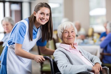 Obraz premium Nurse Assisting a Senior Woman in a Wheelchair at a Care Home