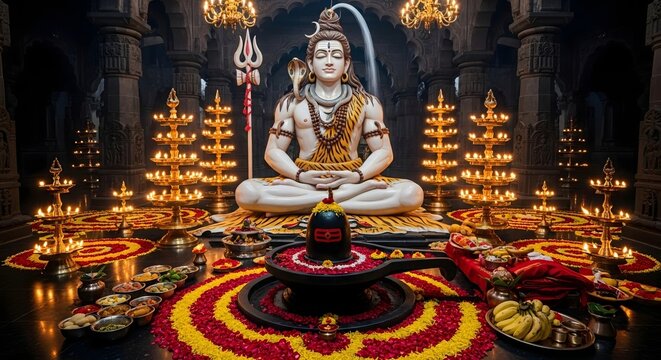 Serene statue of lord shiva sits in meditation surrounded by candles and flowers in a temple