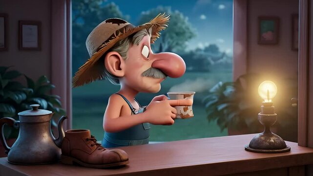 Cartoon farmer pours coffee into a boot and then reacts to a surprising chicken emerging from his mug for an unexpected morning routine concept