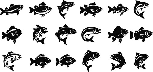 Fototapeta premium Black silhouette fish collection diverse aquatic life in graphic design