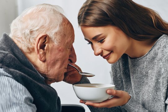 Gentle Young Woman Spoon-Feeds an Elderly Man with Attentive Care