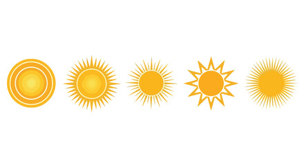Fototapeta premium A vibrant collection of five diverse yellow sun icons, showcasing various styles of sunbeams and warm light symbols, perfect for summer, weather, or bright design elements
