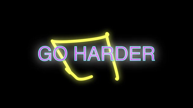 Go harder neon glow text animation, dynamic neon typography, futuristic neon sign motion, vibrant neon lighting effect