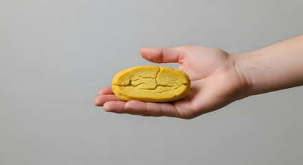 Fototapeta premium Close up of a human hand holding a yellow cracked cookie. Dry oval biscuit presented on an open palm against a solid gray background. Minimalist food concept with copy space