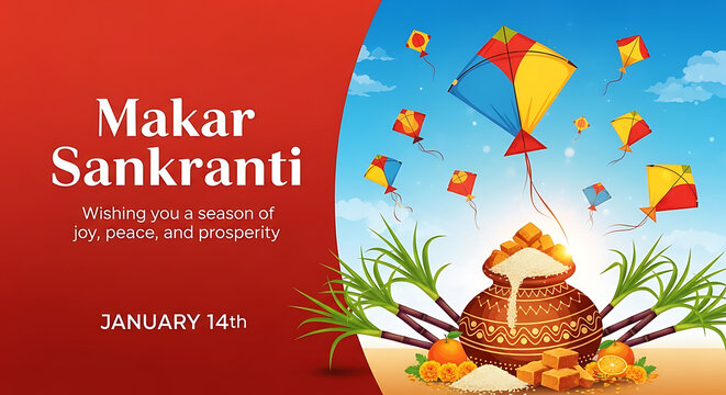 Makar sankranti festival greeting card with colorful kites, sugarcane, and traditional pot of jaggery and rice