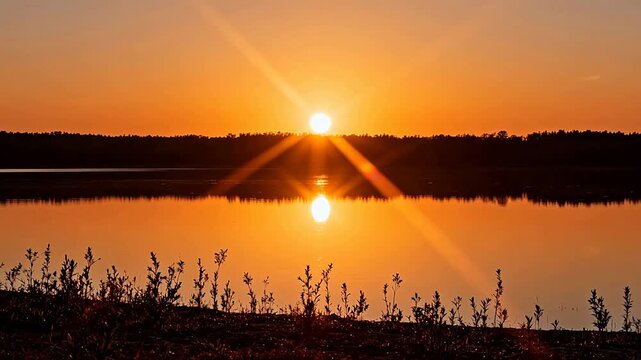 Sunset over calm lake with reflections