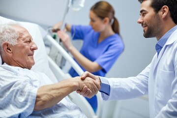 Fototapeta premium Doctor Shaking Hands with an Elderly Patient in a Hospital Bed