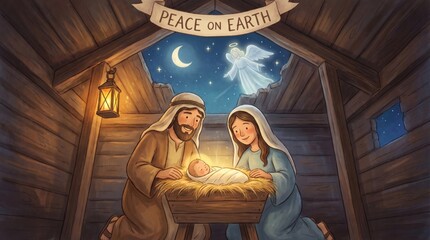 Fototapeta premium Jesus, woman and man in nativity scene. Holy family with baby in manger inside wooden stable. Christian religion art with angel, star and night sky. Christmas holiday illustration.