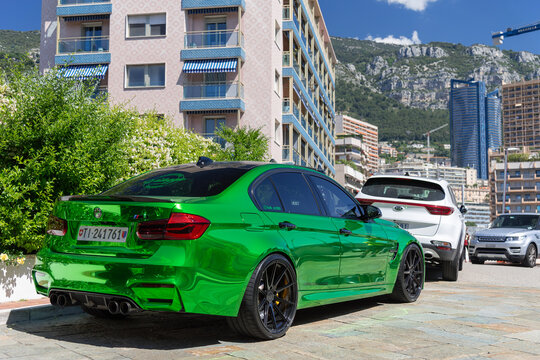 Monte Carlo, Monaco - June 1st 2019 : View on a green BMW M3 F80 parked on a parking lot.
