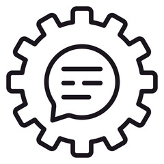 Black vector icon illustration of a gear cogwheel containing a speech bubble with text lines, symbolizing automated communication, chat settings, technical support, and messaging optimization. © Mdraza