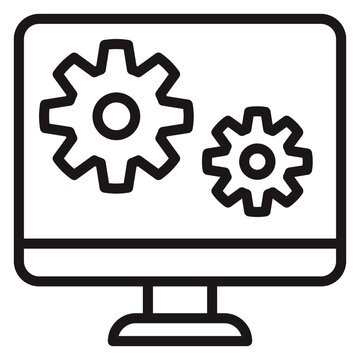 Minimalist black line vector icon illustration of a computer monitor with two interlocking gears on the screen, symbolizing system settings, software development, technical support, and digital