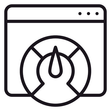 Website speed optimization and performance test vector icon, minimalist black line illustration of a browser window with a speedometer gauge, symbol for page load time and SEO analytics.