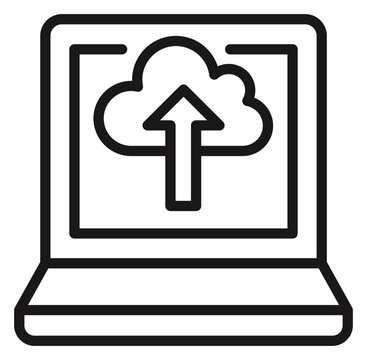 Minimalist black line vector icon of a laptop computer featuring a cloud and upward arrow symbol on the screen, representing cloud storage, data upload, backup, and network technology.
