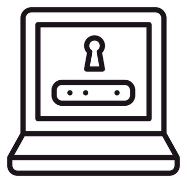 Laptop security vector icon with keyhole and password field on screen, representing cybersecurity, data protection, login authentication, and digital privacy in a minimalist black line art style.