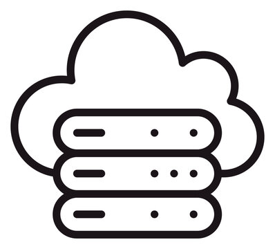 Cloud computing and data storage server icon. Minimalist black line art vector illustration of a cloud with three stacked server rack units, representing web hosting, network database, and digital