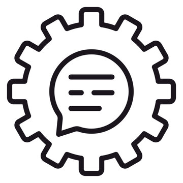 Black vector icon illustration of a gear cogwheel containing a speech bubble with text lines, symbolizing automated communication, chat settings, technical support, and messaging optimization.