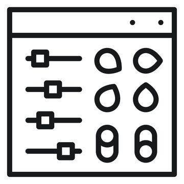 Minimalist black line vector icon illustration of a digital control panel window featuring sliders, adjustment knobs, and toggle switches for software settings and configuration interface.