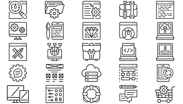 25 Black Vector Icon Set Collection for Web Development, UI/UX Design, Software Programming, Cloud Computing, SEO Analytics, E-commerce, Technical Support, Maintenance, and Digital Technology.