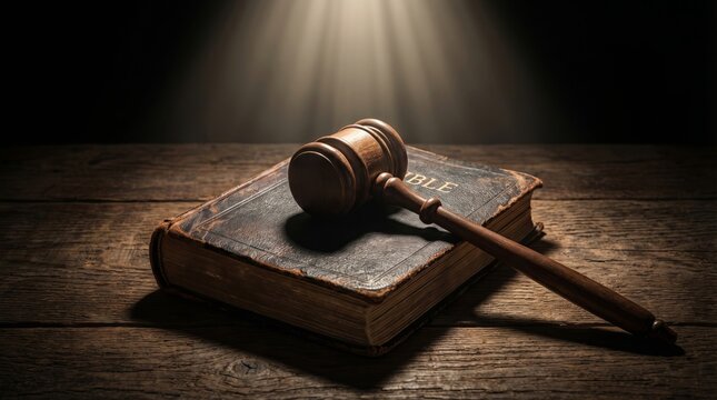Wooden judge gavel resting on an old holy Bible. Legal judgment based on religious law and biblical justice. Divine authority and moral decision in court or ecclesiastical tribunal.