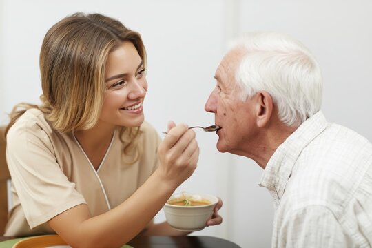 Smiling caregiver spoon-feeding a senior man at the table
