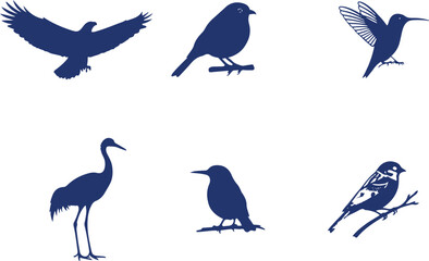 Fototapeta premium Various bird silhouettes flying and perched on branches freely outdoors