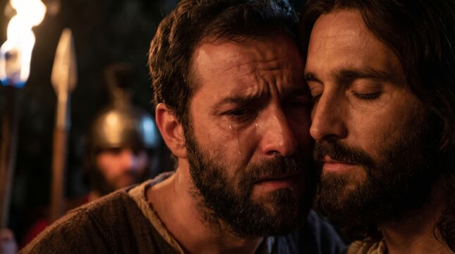 Judas Iscariot embracing Jesus Christ in Gethsemane garden. Biblical scene of betrayal during holy night. Dramatic cinematic depiction of catholic theology and religious history event.