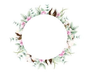 Fototapeta premium Round frame of cotton bolls, eucalyptus and snowberries. Hand drawn watercolor illustration isolated on white. Elegant painted wreath with copy space for wedding invitations, birthday cards, prints.