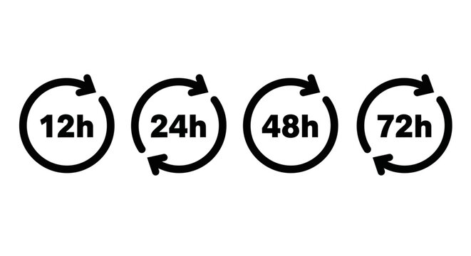 Circular arrows indicating time durations of 12h, 24h, 48h, and 72h, symbolizing cycles and schedules