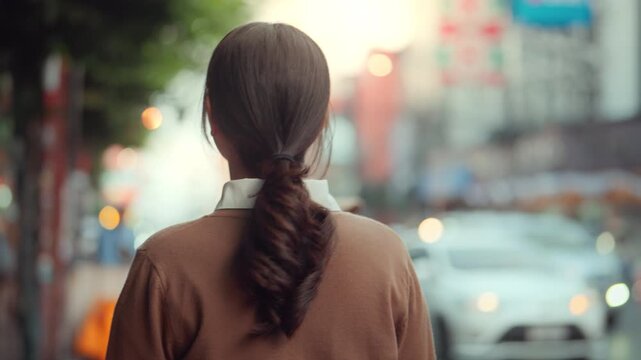 Back view of a young Asian woman with a ponytail looking and walking at the vibrant street of Bangkok Chinatown Yaowarat