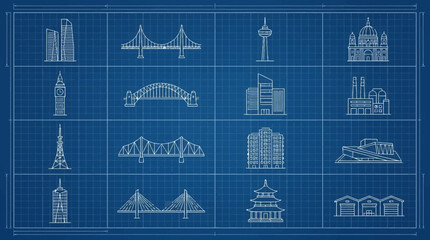 Fototapeta premium Architectural blueprints of famous landmarks.