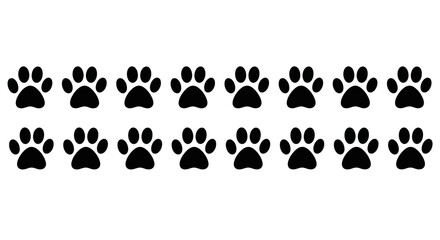 Fototapeta premium Black paw print border vector, animal footprint pattern set of 16 icons, minimalist dog and cat paw silhouettes for pet shop branding