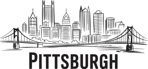 Pittsburgh skyline illustration with bridge and skyscrapers in a hand drawn style © Bakalia