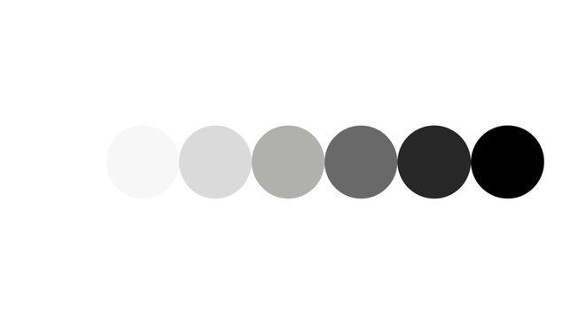 Minimalist grayscale gradient circles, monochrome sequence of 6 round dots, flat vector progress bar or loading animation elements on white