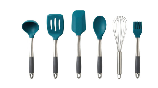 Teal silicone kitchen utensils set with stainless steel handles, arranged horizontally, isolated on transparent background.