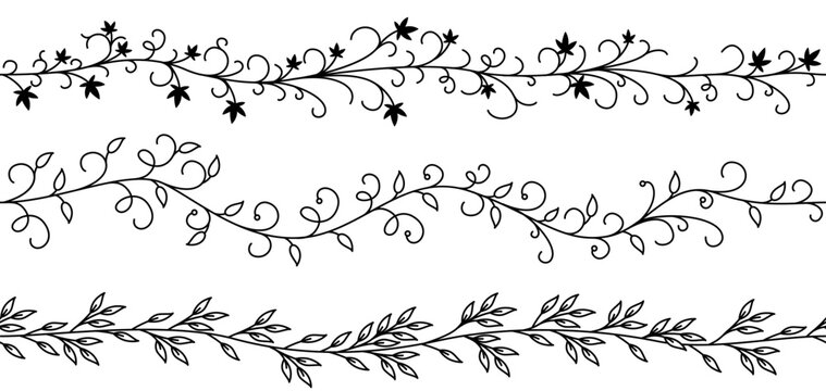 Three decorative black seamless  vine borders with leaves stretch across a white background. Vector illustration