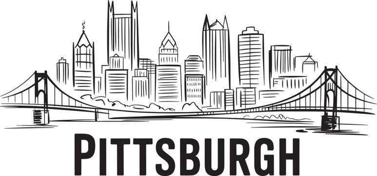 Pittsburgh skyline illustration with bridge and skyscrapers in a hand drawn style