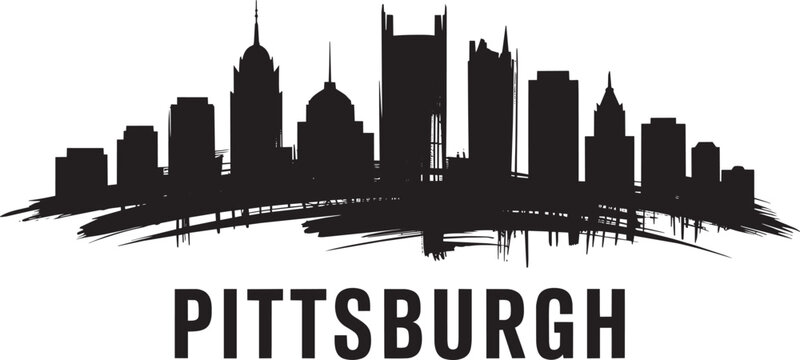 Pittsburgh skyline cityscape illustration in black silhouette with grunge brush strokes