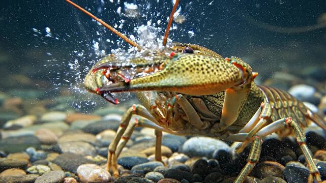 Crayfish shows defensive stance by snapping large claws aggressively in water