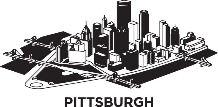 Pittsburgh skyline with bridges and skyscrapers in Pennsylvania USA, isometric vector art icon