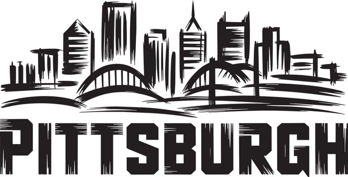 Pittsburgh, USA city skyline with iconic bridges and buildings in a bold brushstroke vector