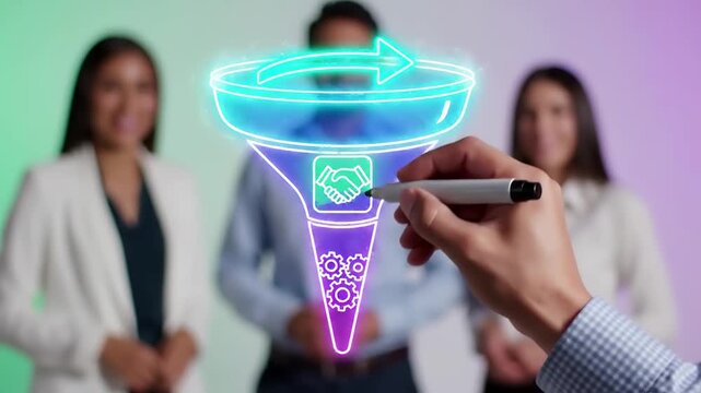 Sales funnel and lead conversion strategy with partnership and gear automation icons. Business marketing pipeline and customer acquisition process for corporate deal closing and revenue growth